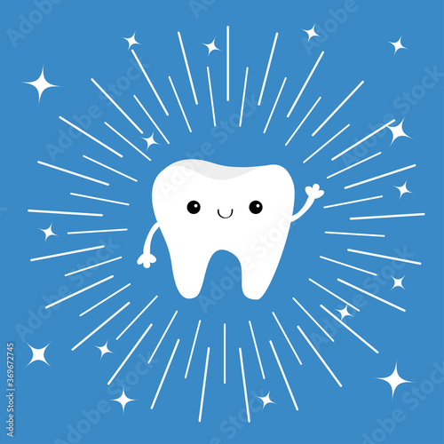 Healthy tooth icon. Smiling face. Round line circle. Oral dental hygiene. Children teeth care. Cute kawaii character. Shining effect sparkle stars. Blue background. Isolated. Flat design.