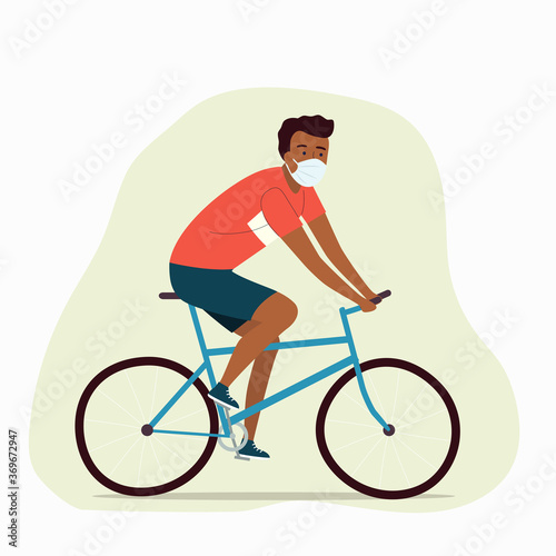 Afro american young man in the face mask on bicycle side profile view isolated. Vector flat illustration.