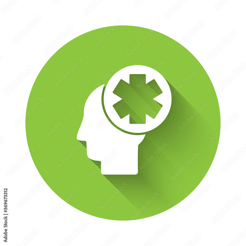 White Male head with hospital icon isolated with long shadow. Head with mental health, healthcare and medical sign. Green circle button. Vector Illustration. White Male head with hospital icon isolated with long shadow. Head with mental health, healthcare and medical sign. Green circle button. Vector Illustration.