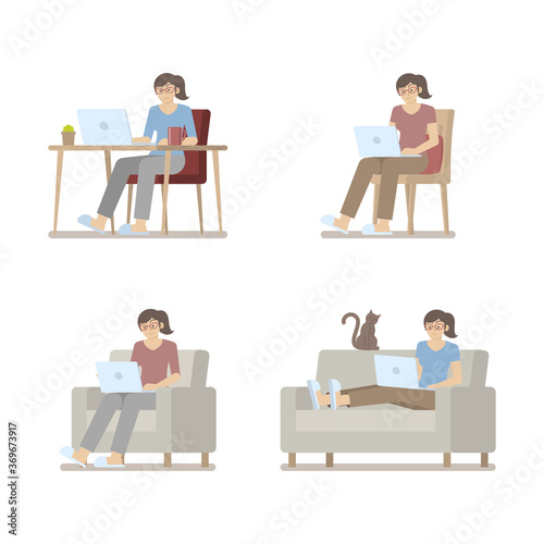 Set of woman in casual clothes working at home on laptop computer sitting at desk, on chair, armchair and lying on sofa in flat cartoon style