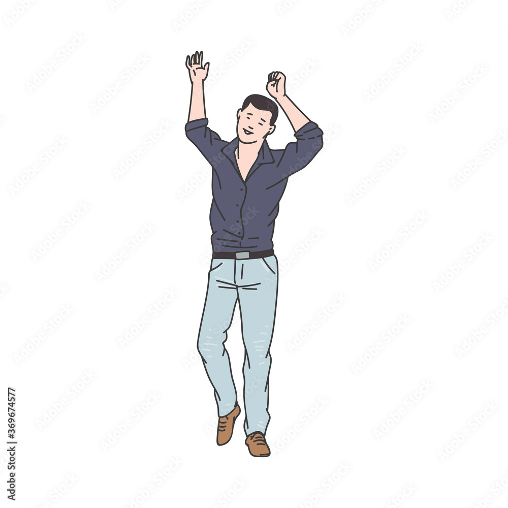Obraz premium Dancing man character in jeans and shirt, sketch vector illustration isolated.