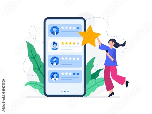 A young woman rating feedback of customers. Useful reviews for customers. Choice rating review app, customer reviews. Trendy vector flat illustration.