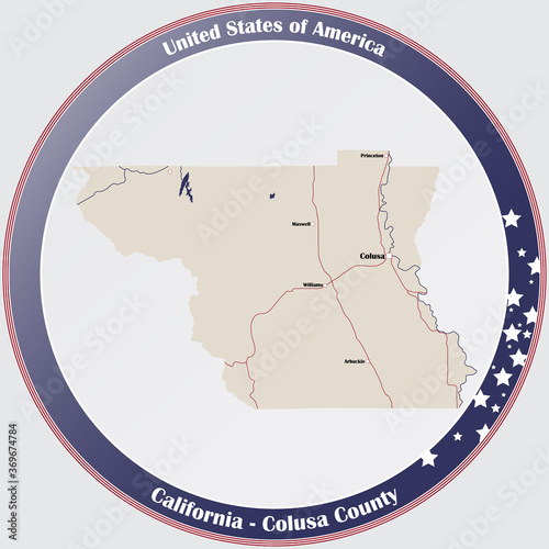 Round button with detailed map of Colusa County in California, USA. photo