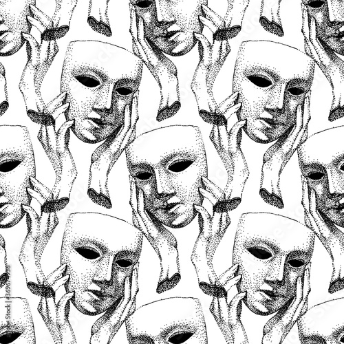 Seamless pattern in retro style. Mask in hands. dramatic theater. Hypocrite pretender, trickster, many faces. Vintage black and white. drama portrait.