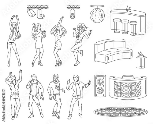 Night club dance floor set with dancing cartoon people, party lights