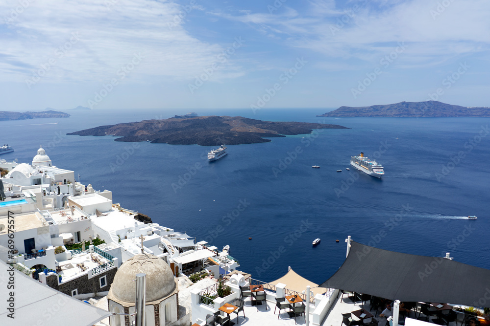 Panoramic view of Santorini with cruise ships, Greece