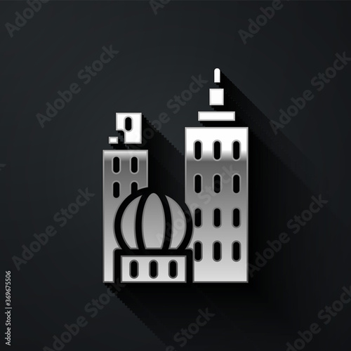 Silver City landscape icon isolated on black background. Metropolis architecture panoramic landscape. Long shadow style. Vector Illustration.