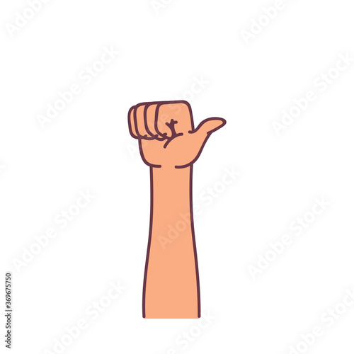 Human hand held high in protest sign icon, sketch vector illustration isolated.