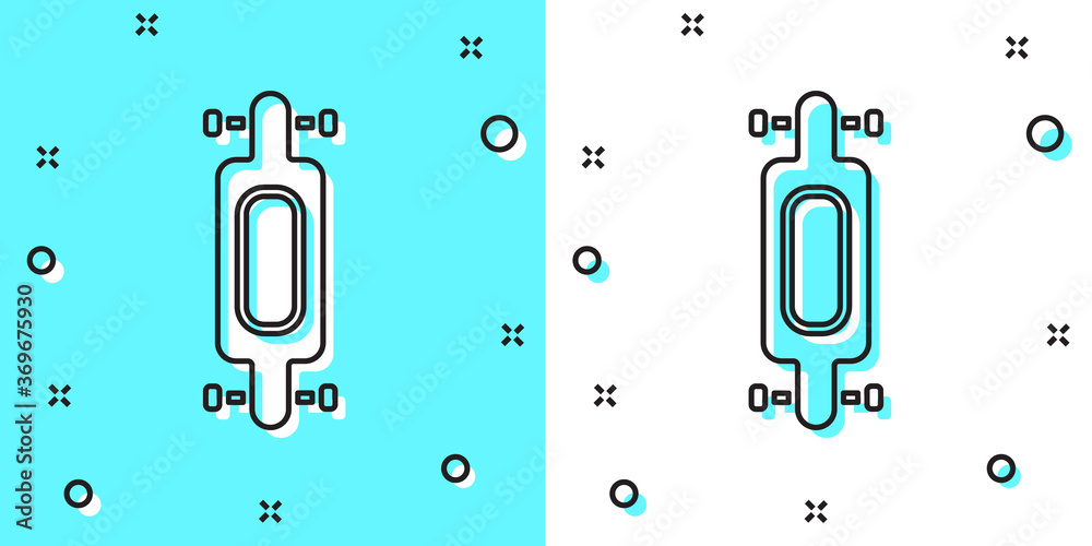 Black line Longboard or skateboard cruiser icon isolated on green and white background. Extreme sport. Sport equipment. Random dynamic shapes. Vector Illustration. Black line Longboard or skateboard cruiser icon isolated on green and white background. Extreme sport. Sport equipment. Random dynamic shapes. Vector Illustration.