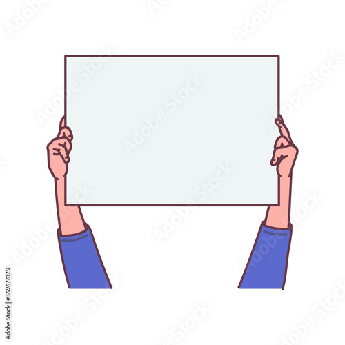 Hands hold blank poster or banner sketch cartoon vector illustration isolated.