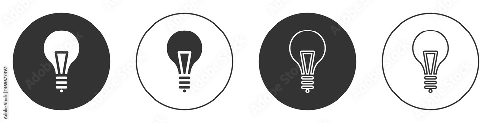 Black Light bulb with concept of idea icon isolated on white background. Energy and idea symbol. Inspiration concept. Circle button. Vector Illustration. Black Light bulb with concept of idea icon isolated on white background. Energy and idea symbol. Inspiration concept. Circle button. Vector Illustration.