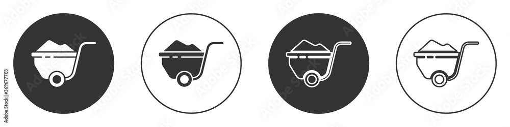 Black Wheelbarrow with dirt icon isolated on white background. Tool equipment. Agriculture cart wheel farm. Circle button. Vector Illustration. Black Wheelbarrow with dirt icon isolated on white background. Tool equipment. Agriculture cart wheel farm. Circle button. Vector Illustration.