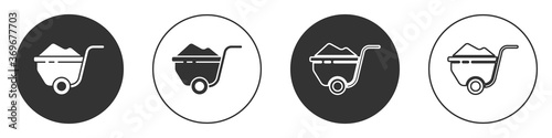 Black Wheelbarrow with dirt icon isolated on white background. Tool equipment. Agriculture cart wheel farm. Circle button. Vector Illustration.