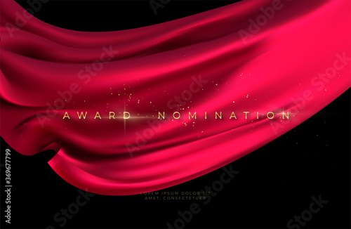 Award nomination ceremony with luxurious red flying silk wavy background with gold glitter and sparkle. Vector illustration