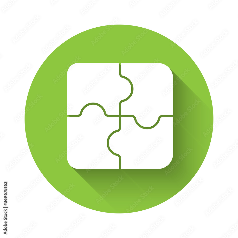 White Piece of puzzle icon isolated with long shadow. Business, marketing, finance, template, layout, infographics, internet concept. Green circle button. Vector Illustration. White Piece of puzzle icon isolated with long shadow. Business, marketing, finance, template, layout, infographics, internet concept. Green circle button. Vector Illustration.