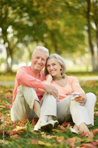 Senior couple sitting on autumn leaves in park