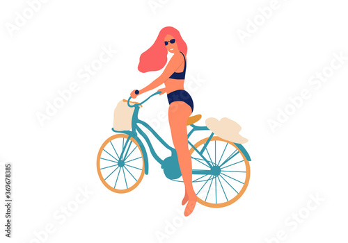 Young woman with bikini riding a bicycle. Vector isolated illustration
