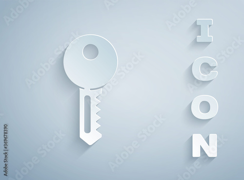 Paper cut House key icon isolated on grey background. Paper art style. Vector Illustration.