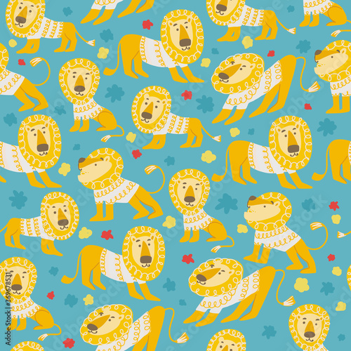 Vector seamless pattern with cartoon lions in the jungle