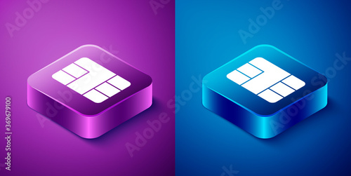 Isometric Credit card with chip icon isolated on blue and purple background. Contactless payment. Square button. Vector Illustration.