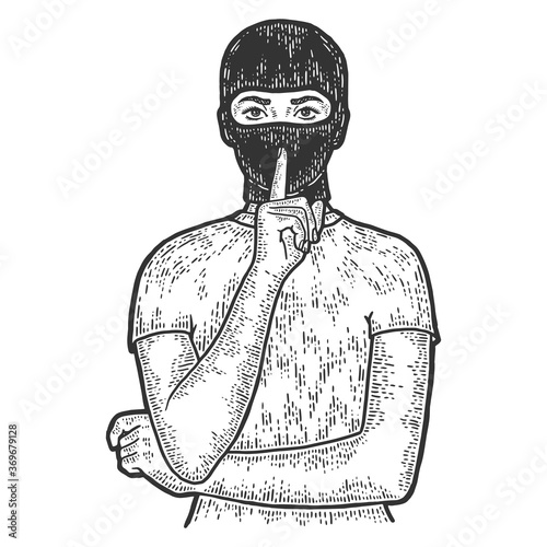 Woman in balaclava. Shows silence with his finger. Sketch scratch board imitation.
