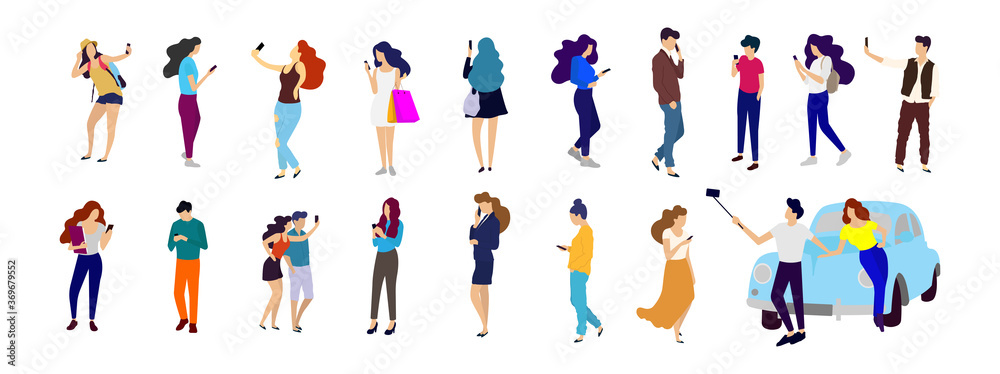 People with mobile phone. Big flat illustration set - Vector