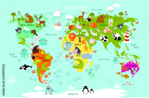 Vector map of the world with cartoon animals for kids. Europe, Asia, South America, North America, Australia and Africa. 
