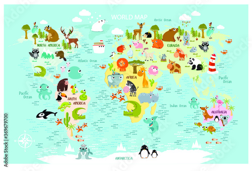 Vector map of the world with cartoon animals for kids. 