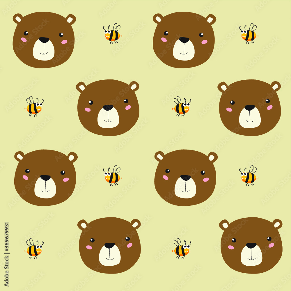Vector background with cartoon bear and bees. Muzzle bear. Pattern for kids
