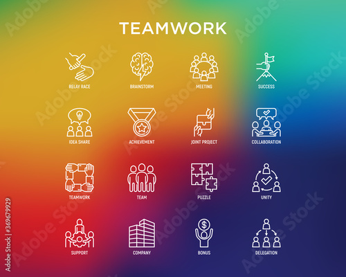 Teamwork thin line icons set: relay race, brainstorm, success, meeting, idea share, collaboration, joint project, unity, support, delegation, bonus. Modern vector illustration.
