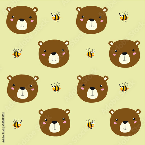Vector background with cartoon bear and bees. Muzzle bear. Pattern for kids 