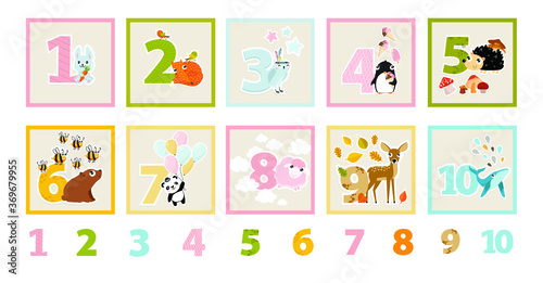 Vector cards with numbers and animals for teaching children to count. Learn to count. Numbers Cartoon animals. one carrot, two birds, three stars, four ice-creams, five mushrooms, six bees