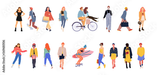 Crowd of people performing outdoor activities - walking dogs, riding bicycle, skateboarding. Group of male and female flat cartoon characters isolated on white background. Vector illustration.