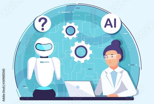 Ai concept. Ai background with futuristic funny character with artificial intelligence for mobile messenger