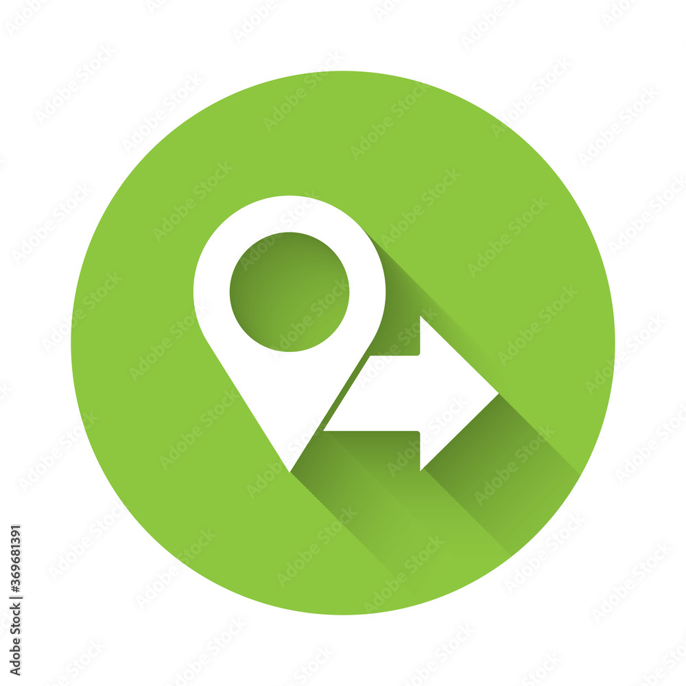 White Map pin icon isolated with long shadow. Navigation, pointer, location, map, gps, direction, place, compass, search concept. Green circle button Vector Illustration