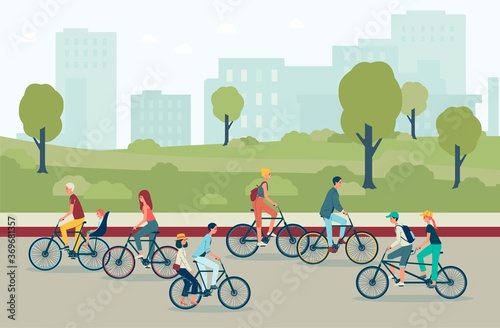 Women and children, men and couples ride a bicycle on the road against backdrop of the cityscape.