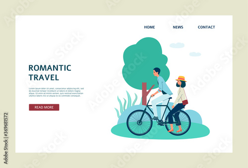 Romantic travel banner - happy couple riding bicycle in summer park