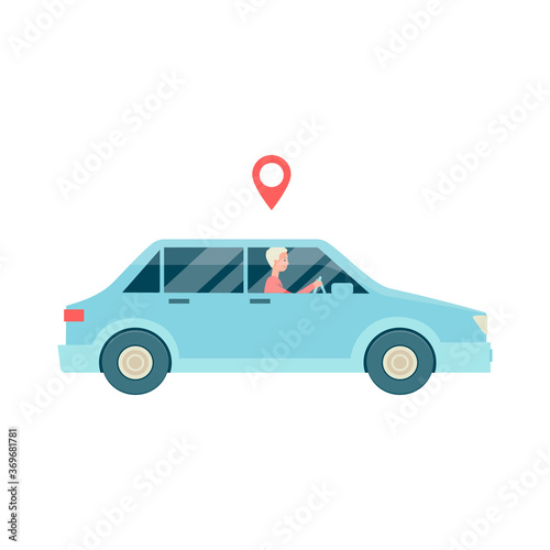 Cartoon man driving blue car with location tag icon above