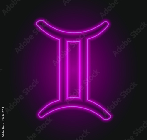The Gemini zodiac symbol, horoscope sign in trendy neon style. Gemini astrology sign with light effects for web or print.