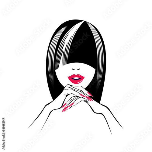 Woman with trendy hairstyle, makeup and manicure.Beauty salon, nails art studio and hairdresser illustration.Cosmetics and spa logo.Young, beautiful lady portrait.Pretty face.Red lipstick.