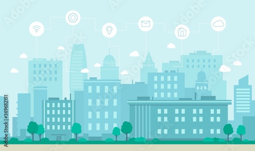 Smart city internet technology concept background flat vector illustration.
