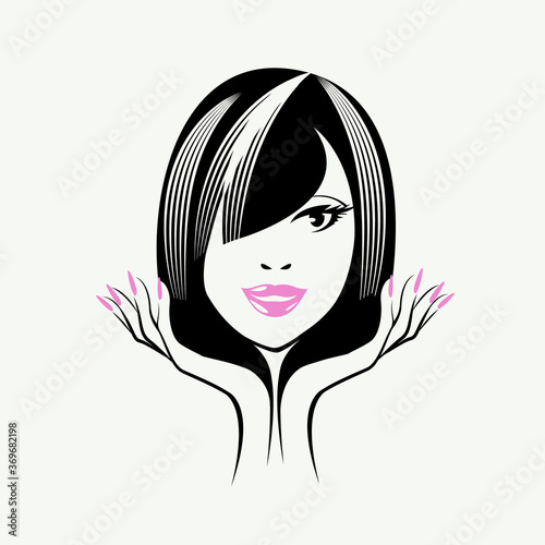 Woman with elegant hairstyle, makeup and manicure.Beauty salon, nails art studio and hairdresser illustration.Cosmetics and spa logo.Young, beautiful lady portrait.Pretty face.