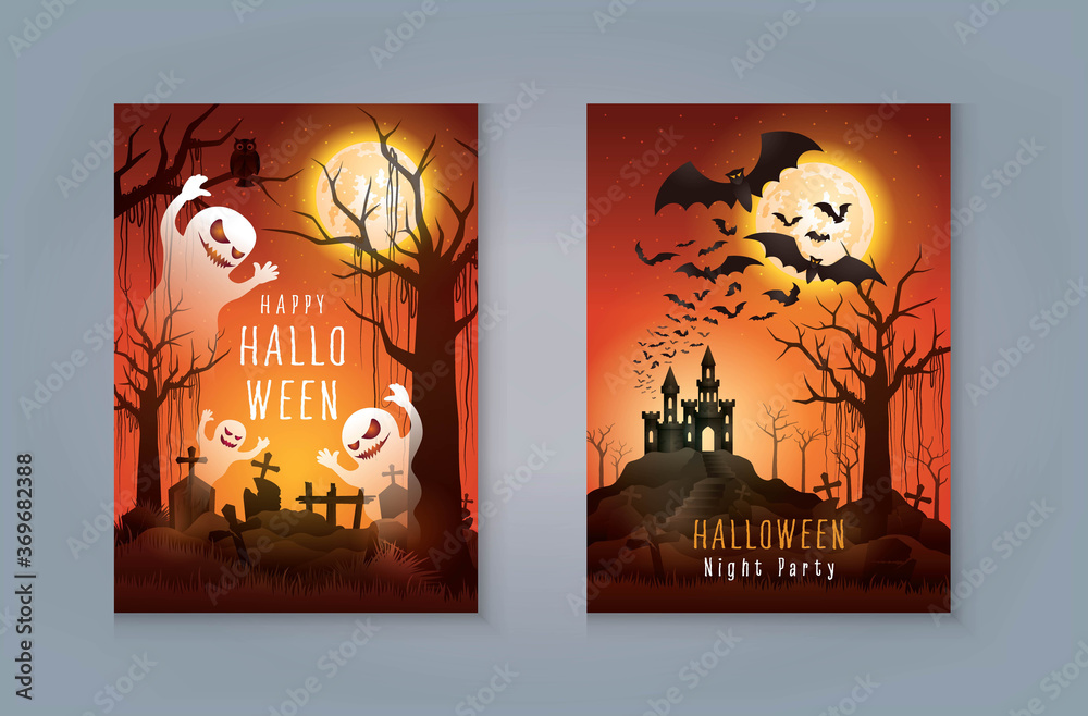 Happy Halloween Night Party greeting card, , Ghost with graveyard and castle. Spooky with grave and jungle.