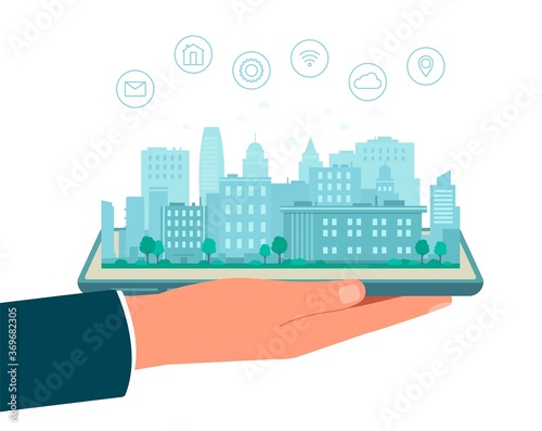 Vector illustration of a smart city on a white background.