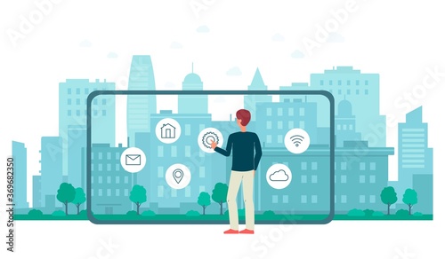 Smart city mobile technology for navigation in city, flat vector illustration.