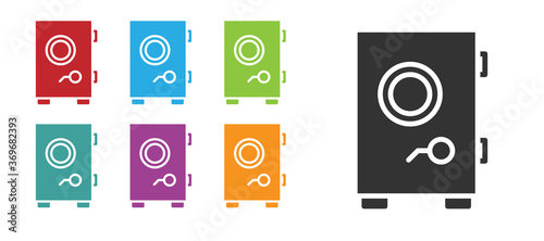 Black Safe icon isolated on white background. The door safe a bank vault with a combination lock. Reliable Data Protection. Set icons colorful. Vector Illustration.