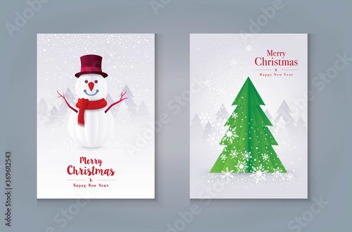 Merry Christmas Greeting card Design. Christmas Tree and Snowman with snowflake