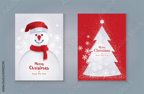 Merry Christmas Greeting card Design. Christmas Tree and Snowman with snowflake