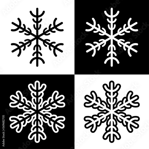 Snowflake symbols icons signs logos simple black and white colored set. A set of icons of snowflakes, minimalist, black and white with and without an outline.