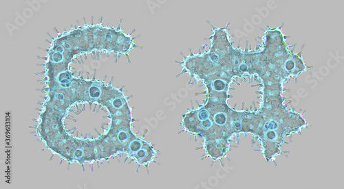 Alphabet made of virus isolated on gray background. Symbol ampersand and hash. 3d rendering. Covid font photo